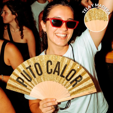 Éventail Fisura PUTO CALOR en paillettes dorées |accessoire tendance pour l'été et les festivals.