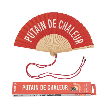 Éventail Fisura "PUTAIN DE CHALEUR - ROUGE" :  design original, parfait pour les vacances et événements estivaux.