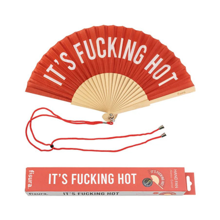 Éventail Fisura "IT'S FUCKING HOT - ROUGE" : design original, parfait pour les vacances et événements estivaux.
