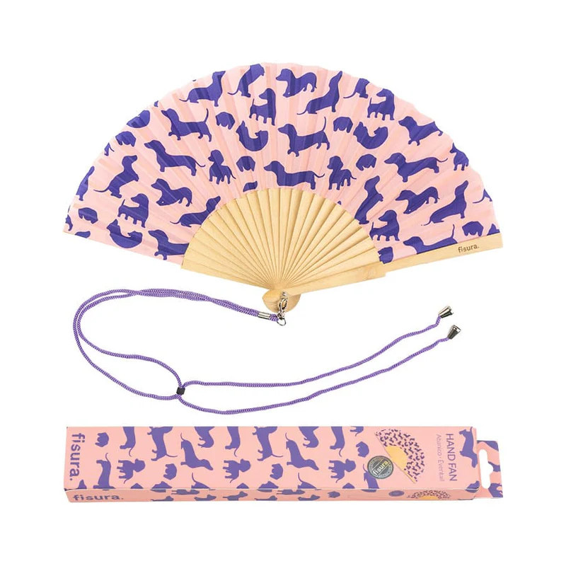 Éventail Fisura "CHIEN SAUCISSE - POURPRE", accessoire tendance pour l'été et les festivals.