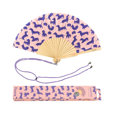 Éventail Fisura "CHIEN SAUCISSE - POURPRE", accessoire tendance pour l'été et les festivals.