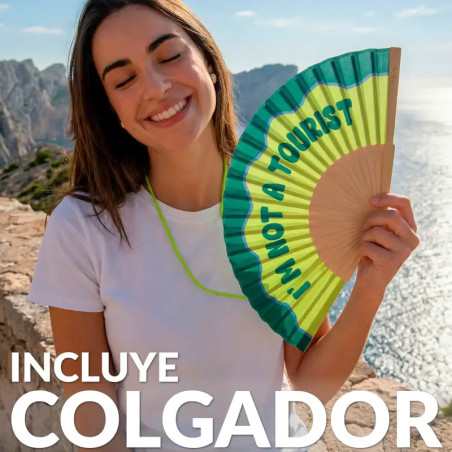 Éventail Fisura " I'M NOT A TOURISTE" pliable pour homme et femme, idéal contre la chaleur.