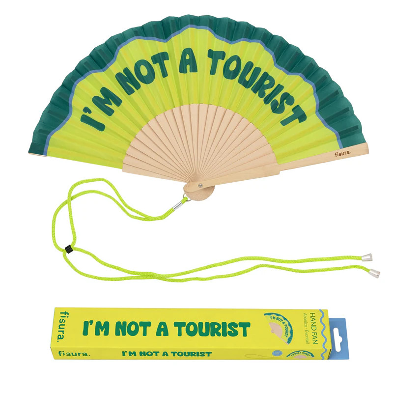 Éventail Fisura " I'M NOT A TOURISTE" pliable pour homme et femme, idéal contre la chaleur.