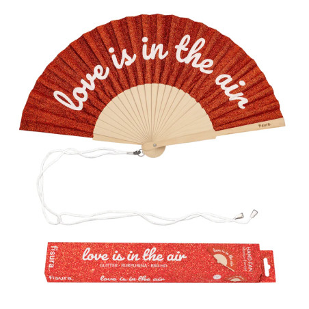 Éventail Fisura "LOVE IN THE AIR" pailleté rouge, accessoire tendance pour l'été et les festivals.