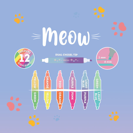 Meow H – 6 Surligneurs Double Pointe Kitty Legami – double précision et design Kitty craquant pour organiser vos notes