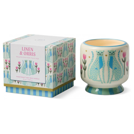 Bougie parfumée Linen & Orris A Dopo Paddywax avec motif félins bleus et fleurs. Paddywax