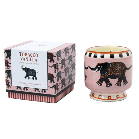Bougie A Dopo Tobacco & Vanilla Paddywax avec motif éléphant sur pot en céramique peint. Paddywax