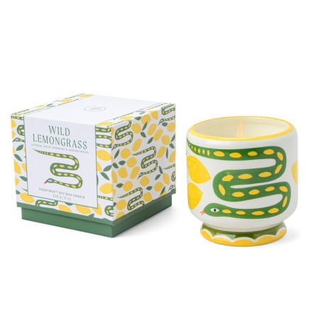 Bougie A Dopo Paddywax Wild Lemongrass avec motif serpent en céramique colorée.
2.