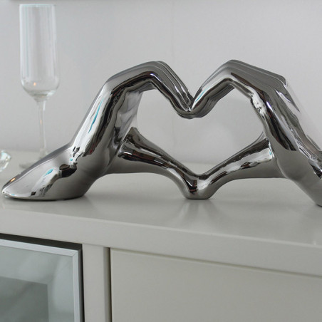Statue XL Geste Main Cœur Chrome décoration